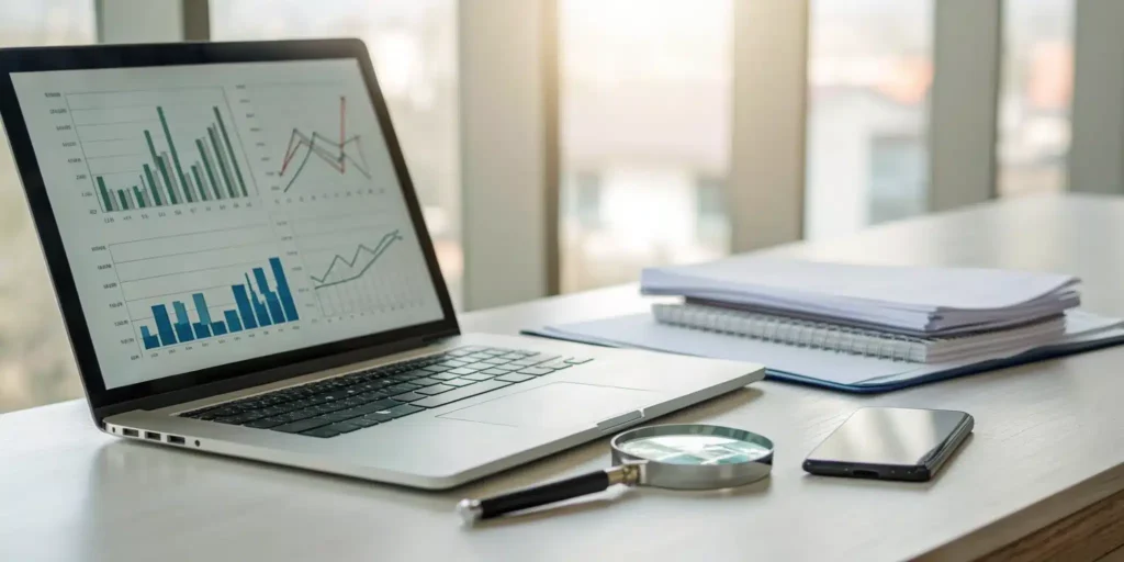 A pharma audit trail review with data charts on a laptop and compliance documents.