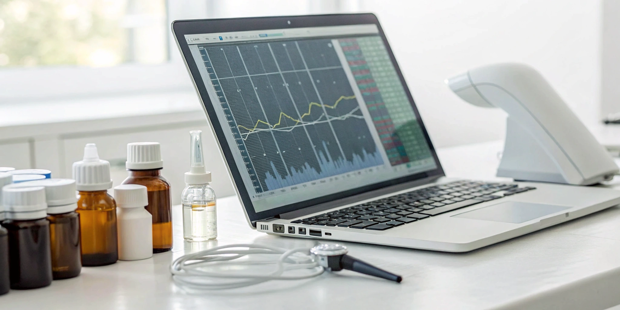 Laptop with compliance data, medicine bottles, and devices for DSCSA requirements for wholesalers.