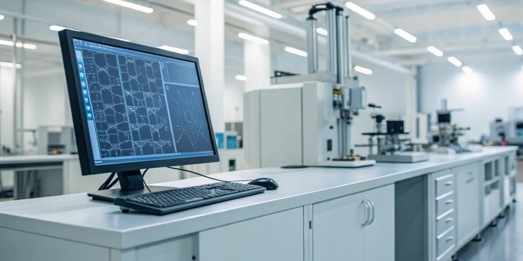 A serialized ERP system on a computer screen tracking inventory in a modern laboratory.