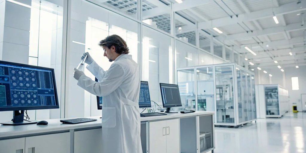 Scientist in a lab managing data with a GMP compliant ERP system.