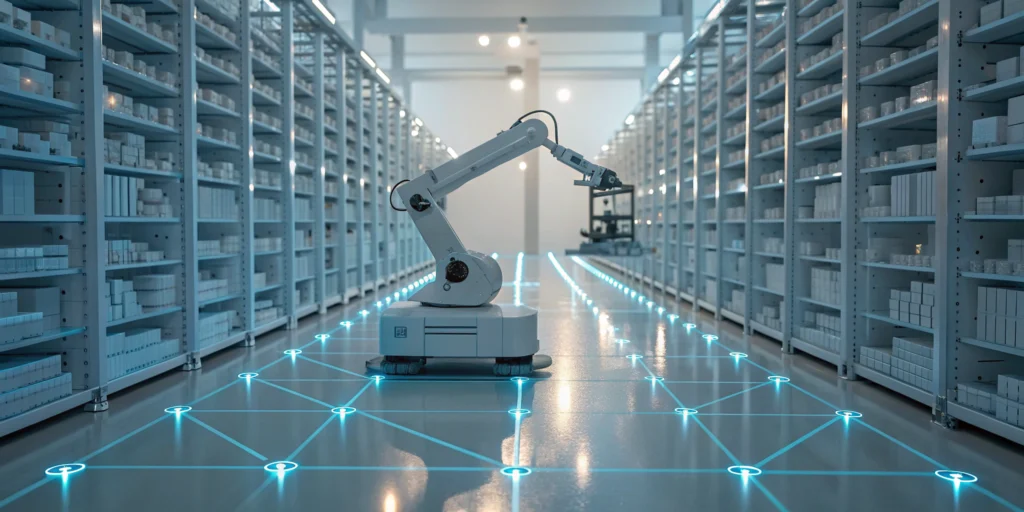 Robotic arm using a serialized ERP for automated inventory management and warehouse traceability.