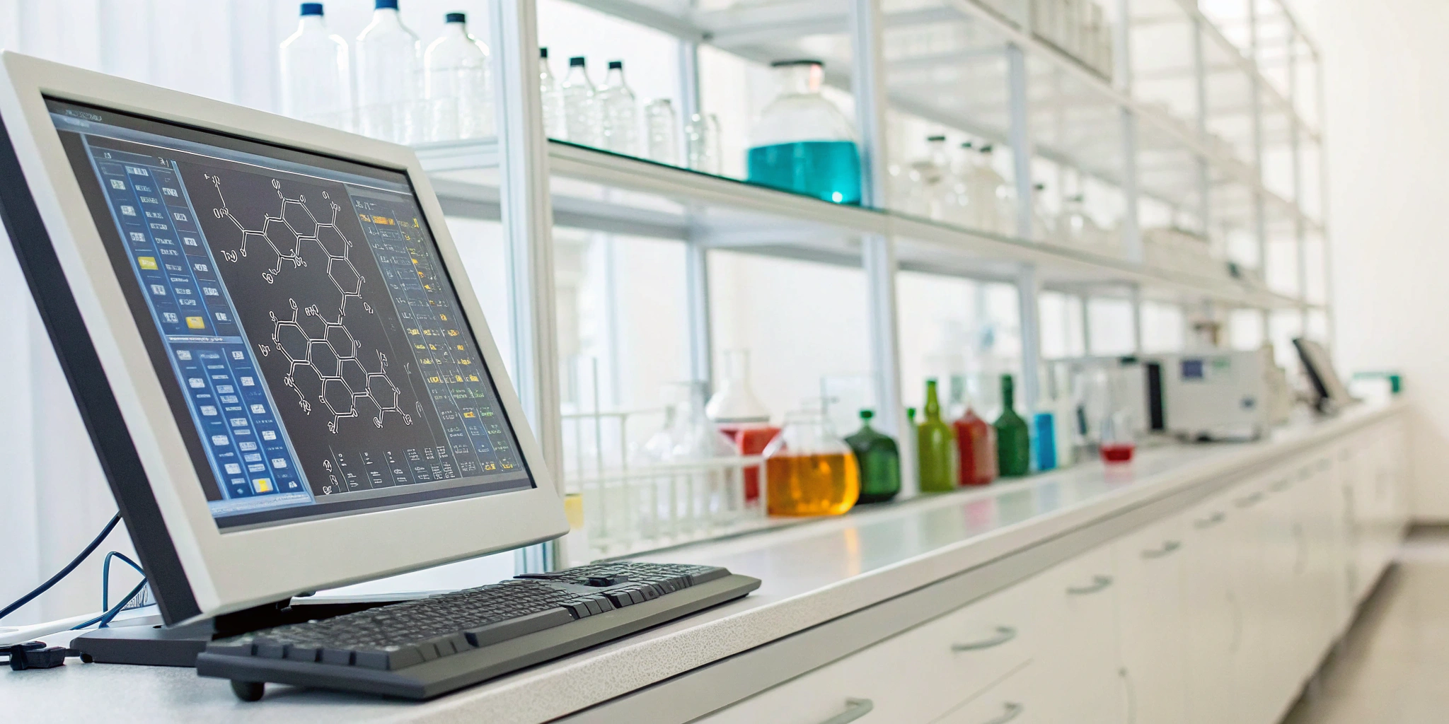 Lab computer screen showing chemical data managed by an ERP system for cGMP requirements.