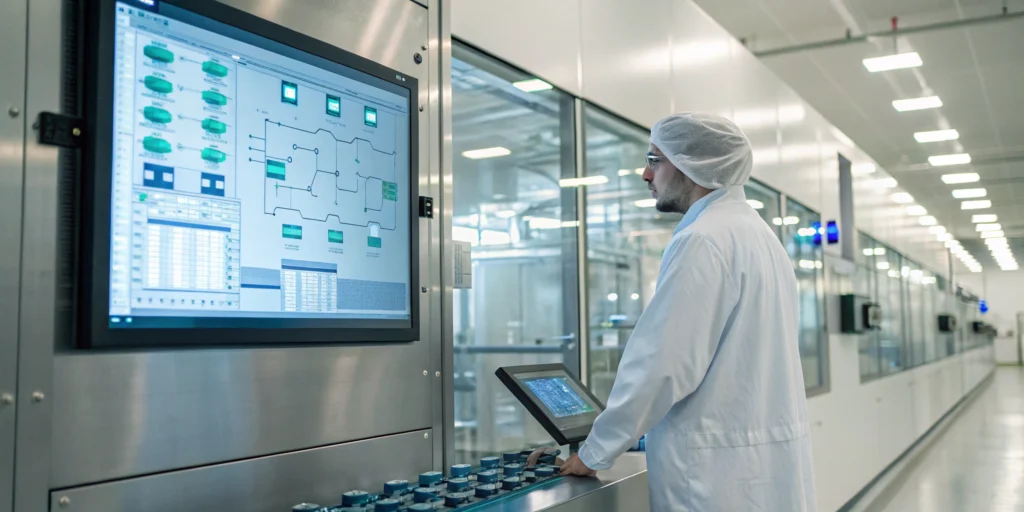 A 3PL worker manages serialization software in a warehouse to meet compliance requirements.