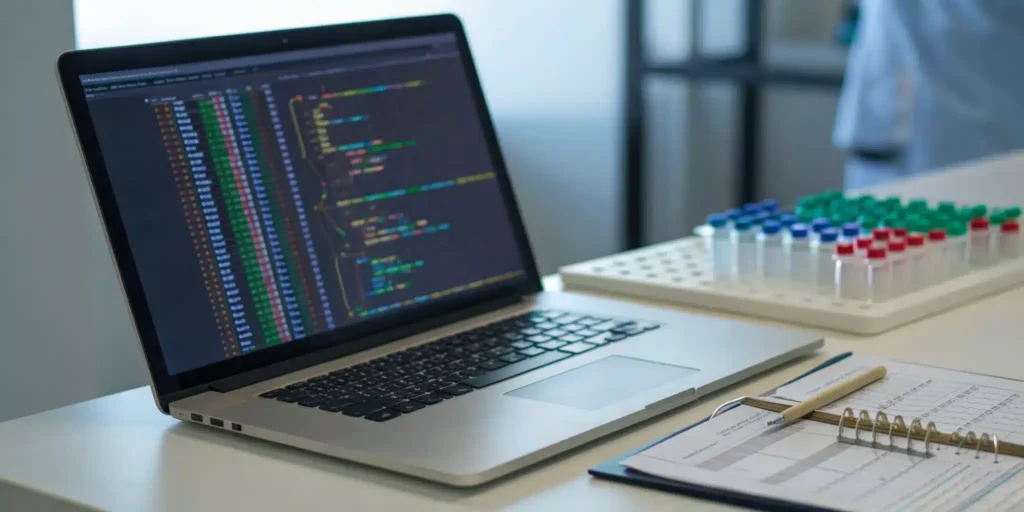Pharma data migration validation process on a laptop screen with lab vials and documents on a desk.