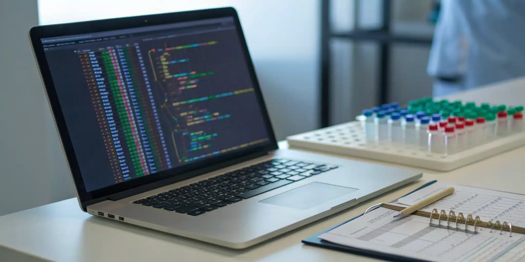 Pharma data migration validation process on a laptop screen with lab vials and documents on a desk.