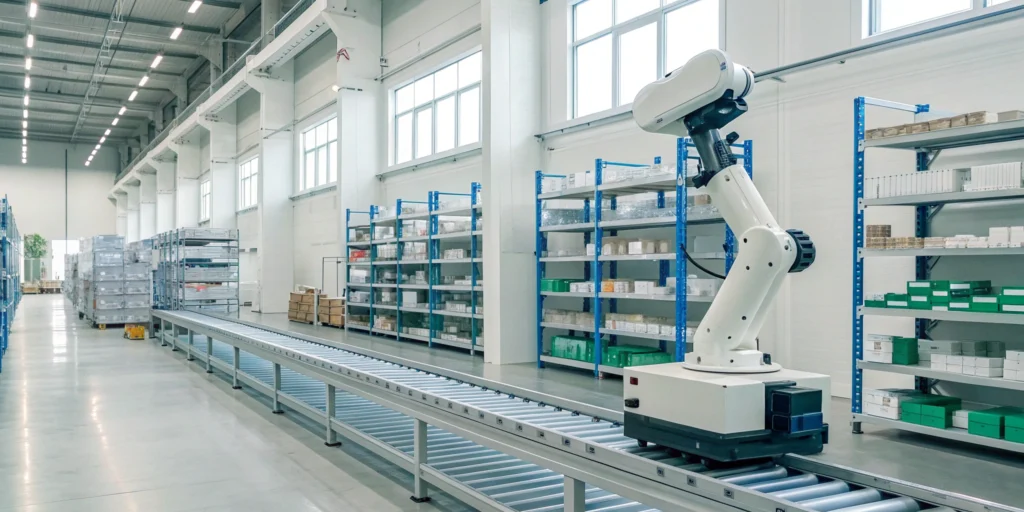 Pharma inventory robot automating warehouse inventory on a conveyor system.