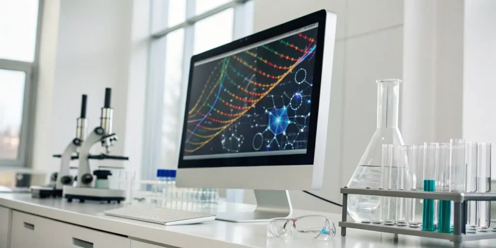 A computer in a pharmaceutical lab displays serialization data for supply chain management.