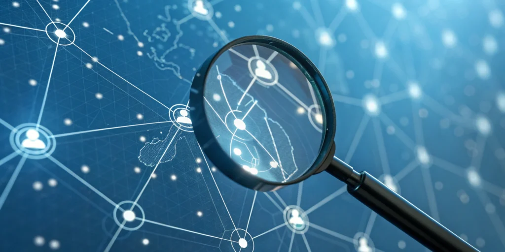 Magnifying glass examining a digital network for track and trace supply chain solutions.