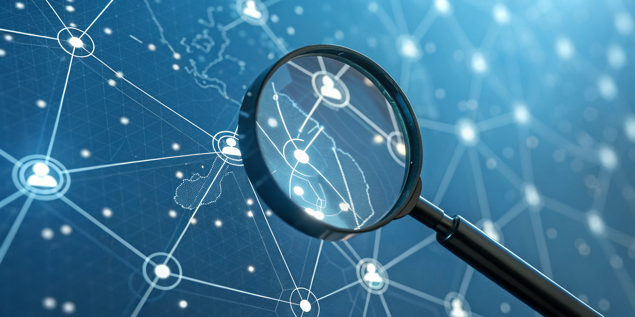 Magnifying glass examining a digital network for track and trace supply chain solutions.