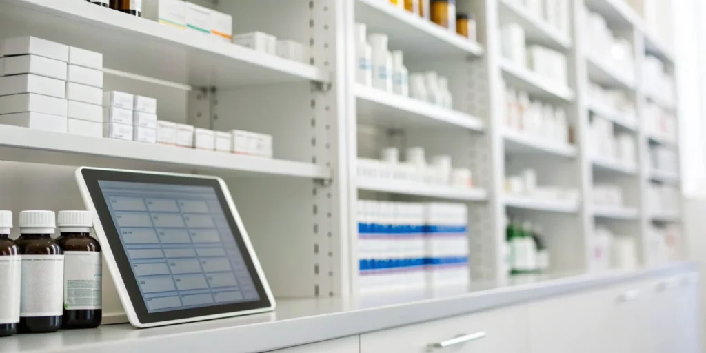 Automated pharmacy inventory system with a digital tablet and organized medication shelves.