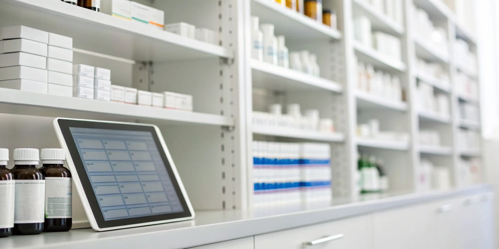 Automated pharmacy inventory system with a digital tablet and organized medication shelves.