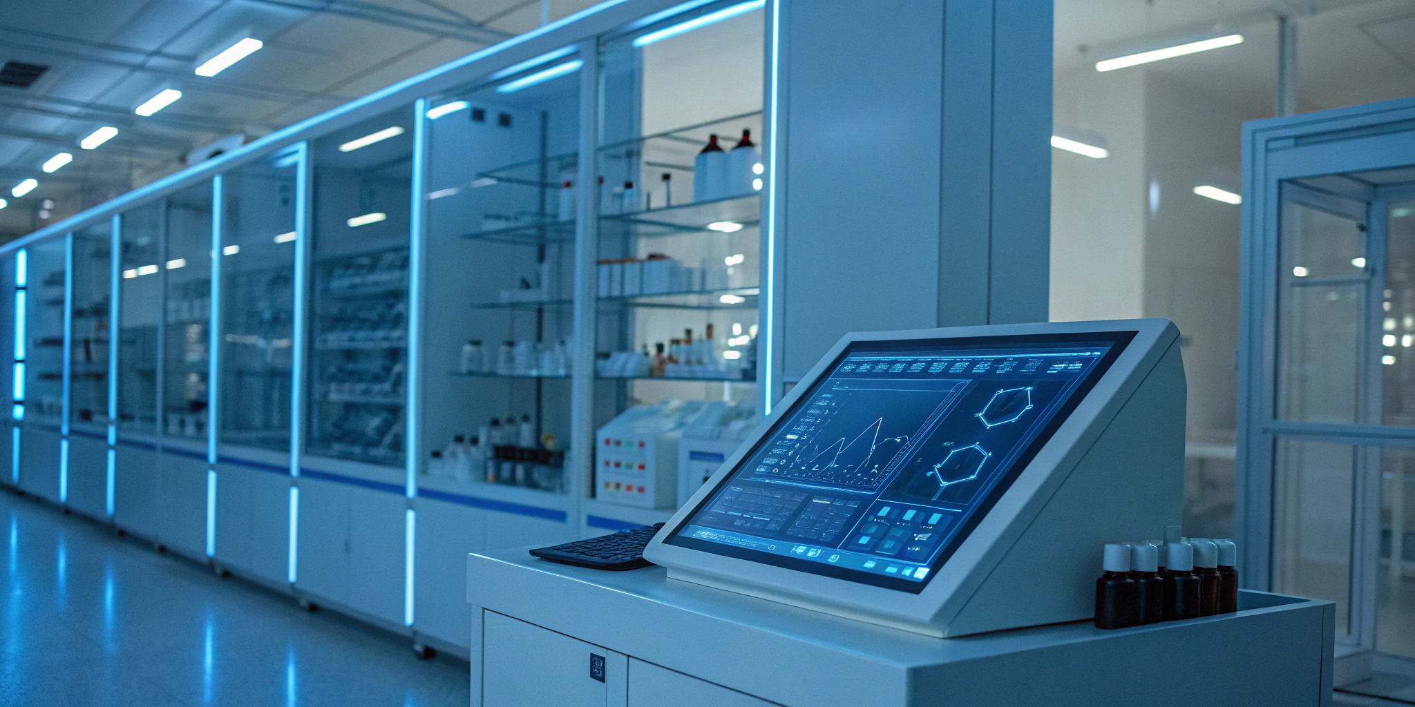 Pharmaceutical industry cloud ERP system displaying supply chain data and compliance metrics.