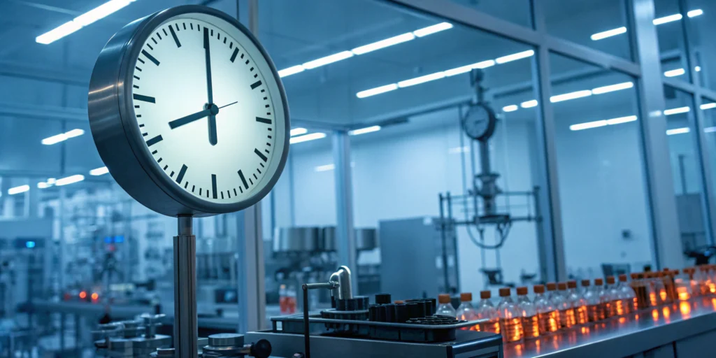 A clock over a pharmaceutical production line showing the approaching 2025 DSCSA compliance deadline.