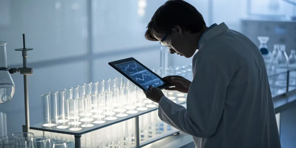 Scientist using a tablet to review data in electronic batch records software.