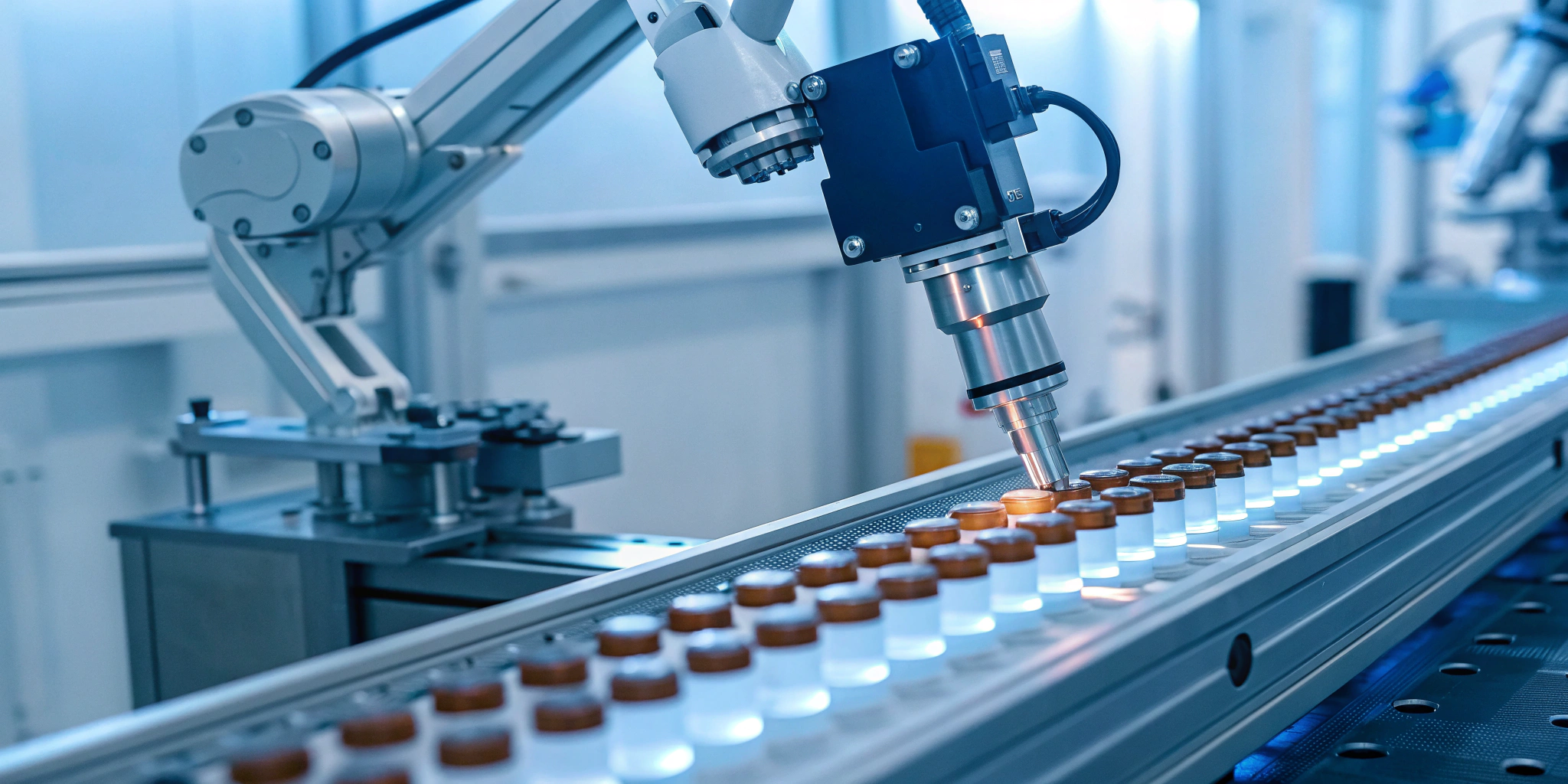 End-to-end serialization for pharma vials automated by a robotic arm on a production line.