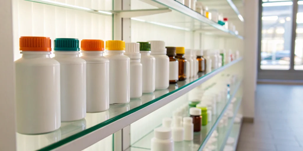 Pharmacy shelves with medication bottles, a key part of managing NDC changes in inventory.