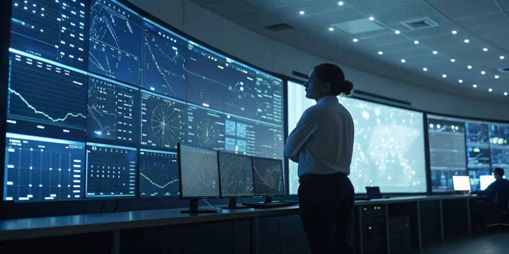 Person monitoring digital screens with data analytics for DSCSA transaction history requirements.