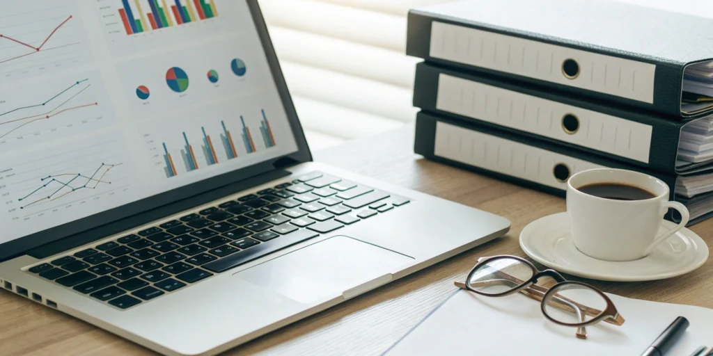A desk setup with a laptop and binders to prepare for a DSCSA audit.