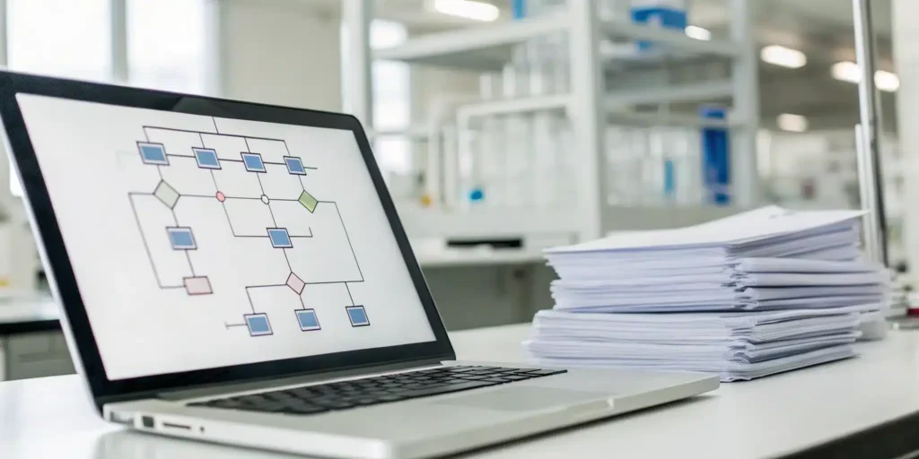 A laptop displays a digital version control system for SOPs, contrasting with old paper files.
