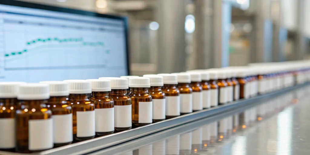 Pharmaceutical bottles on a production line for accurate NDC-based cycle counting.
