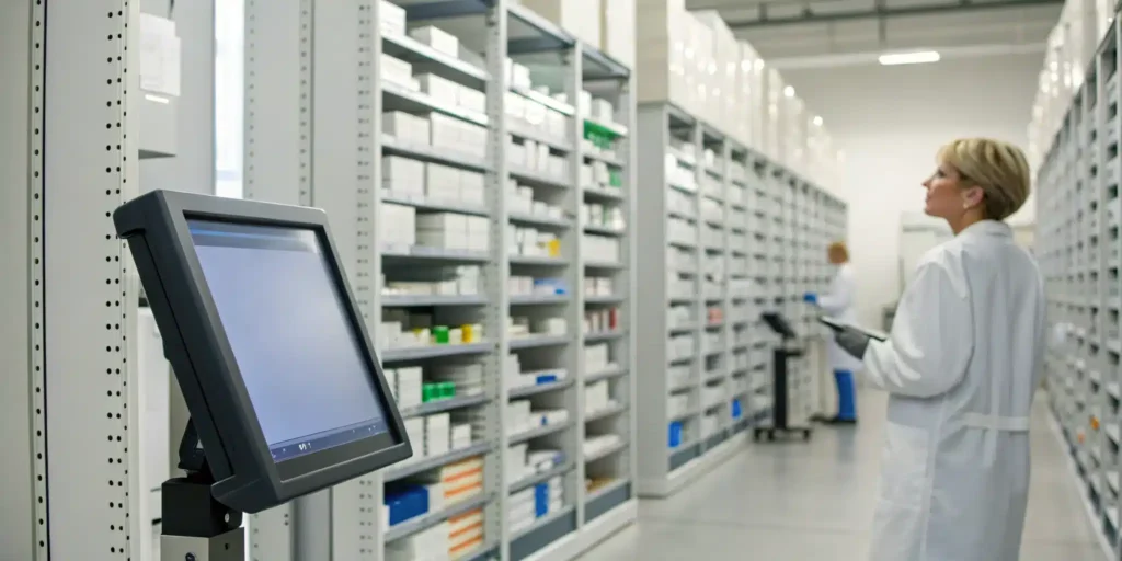 Pharmacist using a perpetual inventory system to manage real-time medication stock for the pharmacy.