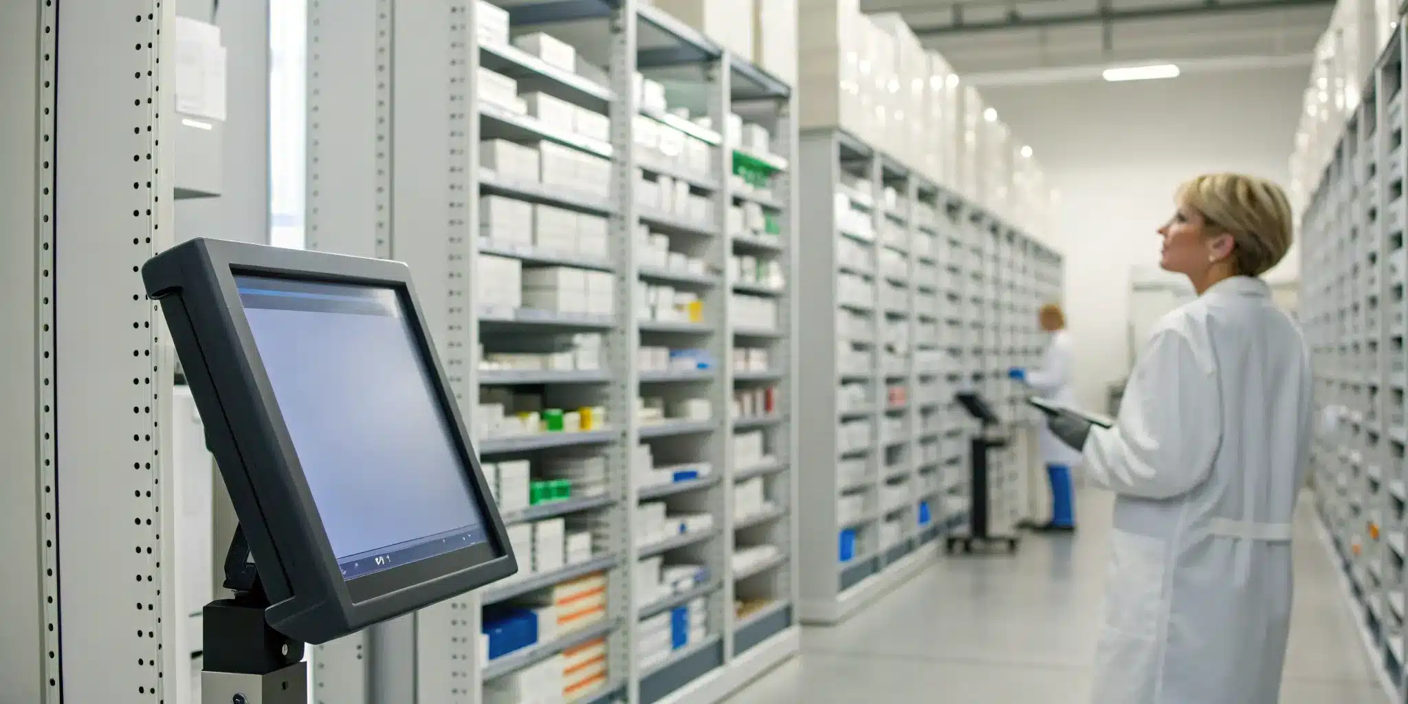 Pharmacist using a perpetual inventory system to manage real-time medication stock for the pharmacy.