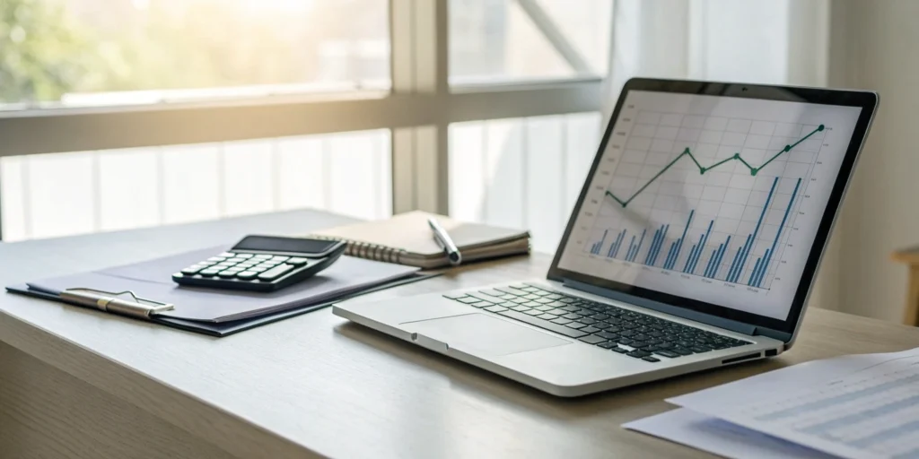A laptop screen showing a pharma ERP cost comparison graph next to a calculator.