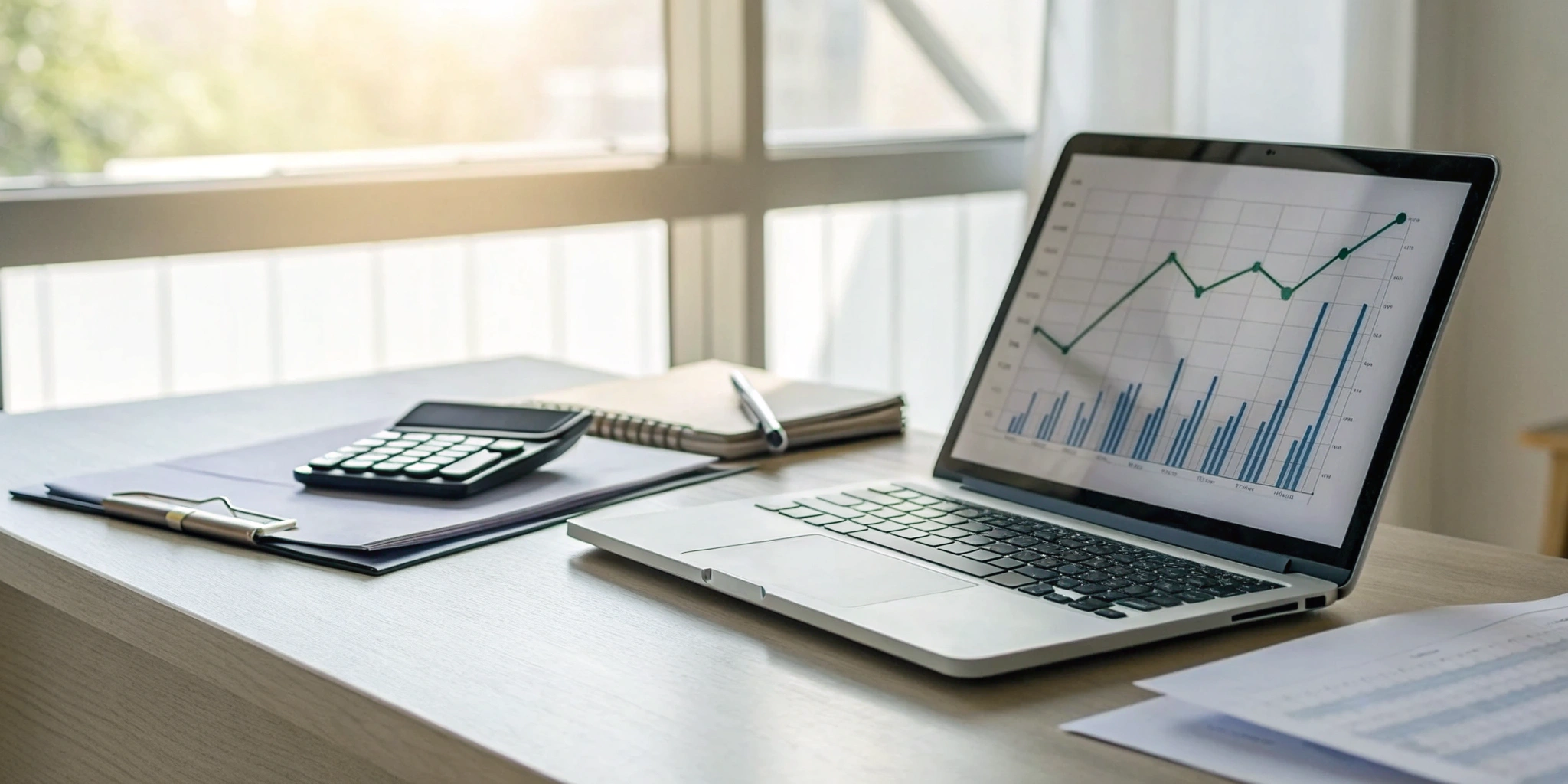 A laptop screen showing a pharma ERP cost comparison graph next to a calculator.