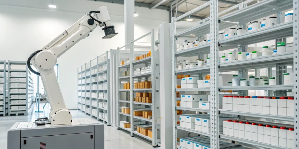 Robotic arm optimizing pharma manufacturing inventory control on warehouse shelving.