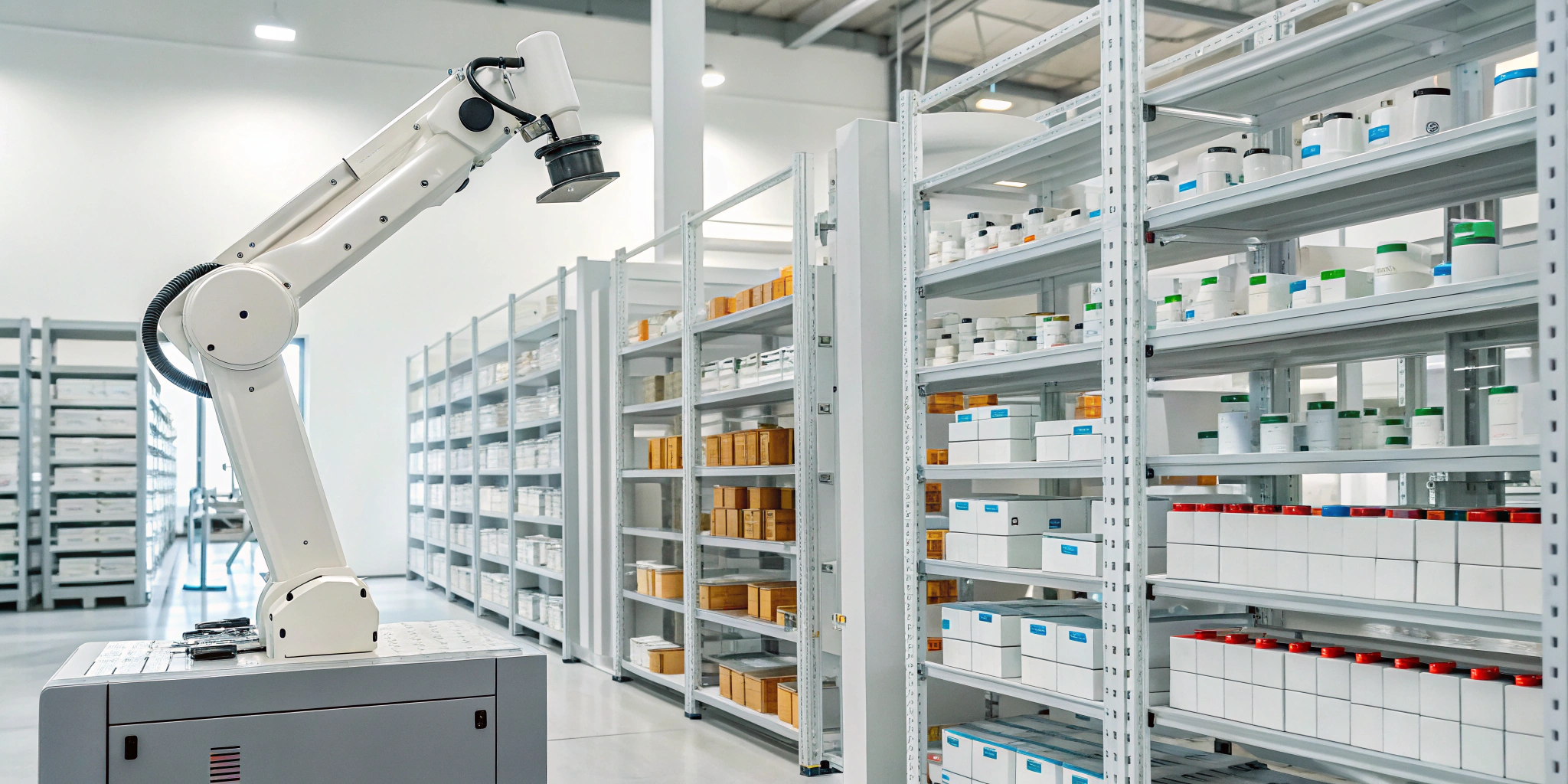 Robotic arm optimizing pharma manufacturing inventory control on warehouse shelving.