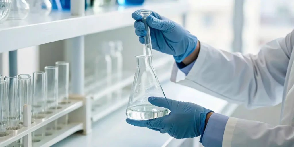 A scientist upholds pharmaceutical quality management standards in a laboratory.