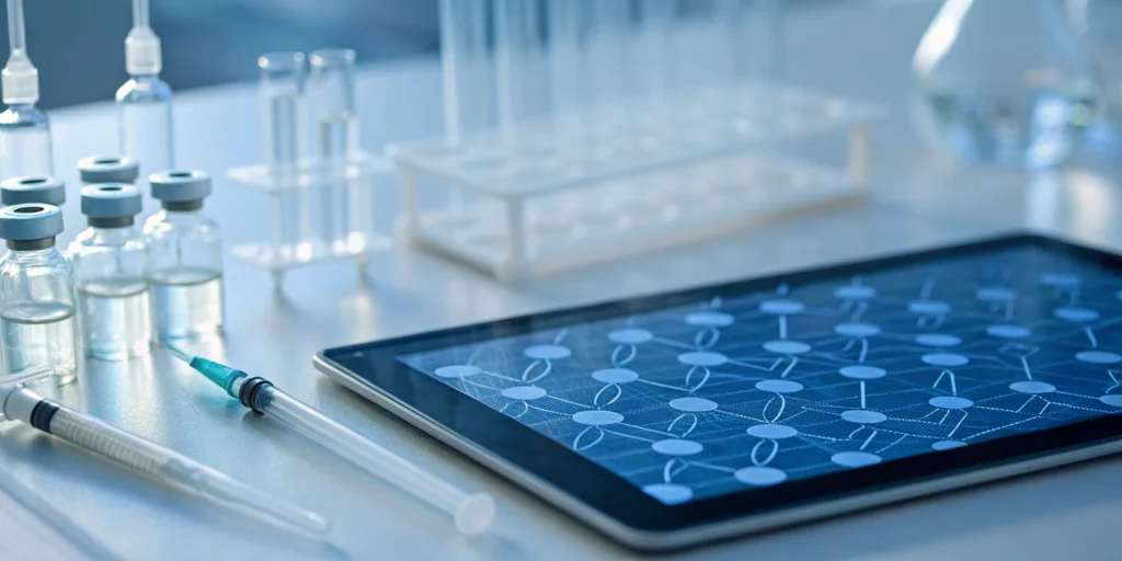 Tablet with a digital network and vials showing pharmaceutical serialization for virtual companies.