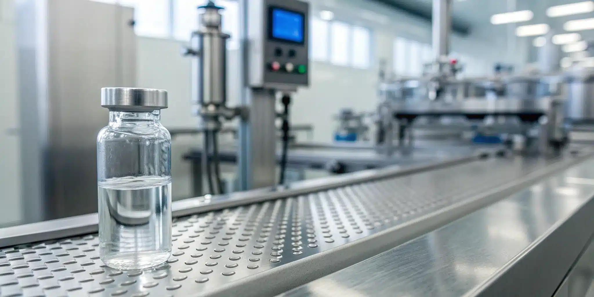 Automated production line serializing a pharmaceutical vial for DSCSA compliance.