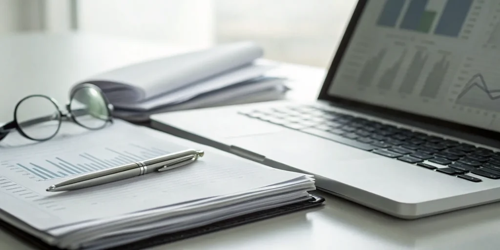 Key process validation documents, charts, and a laptop organized for review.