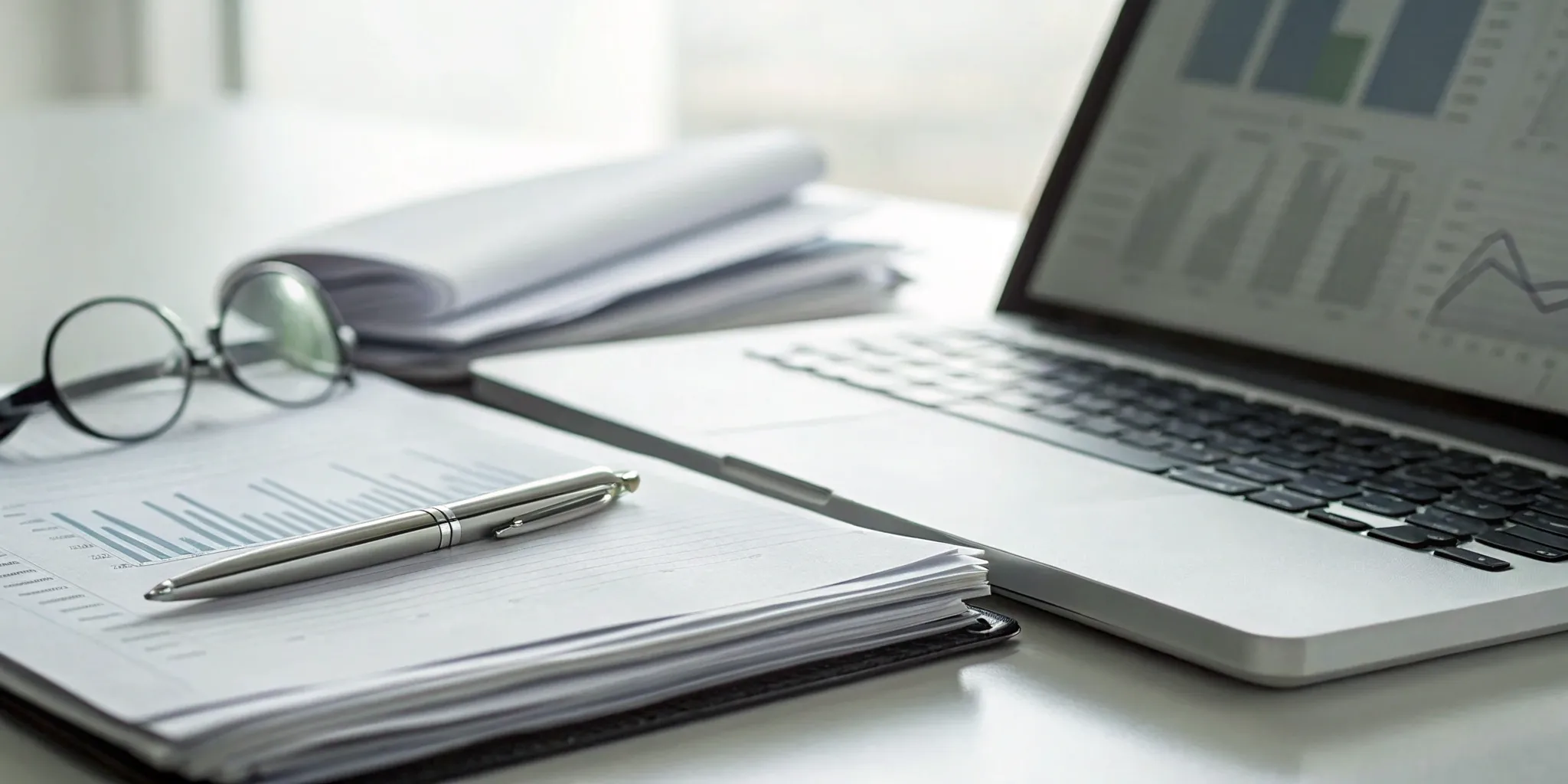 Key process validation documents, charts, and a laptop organized for review.