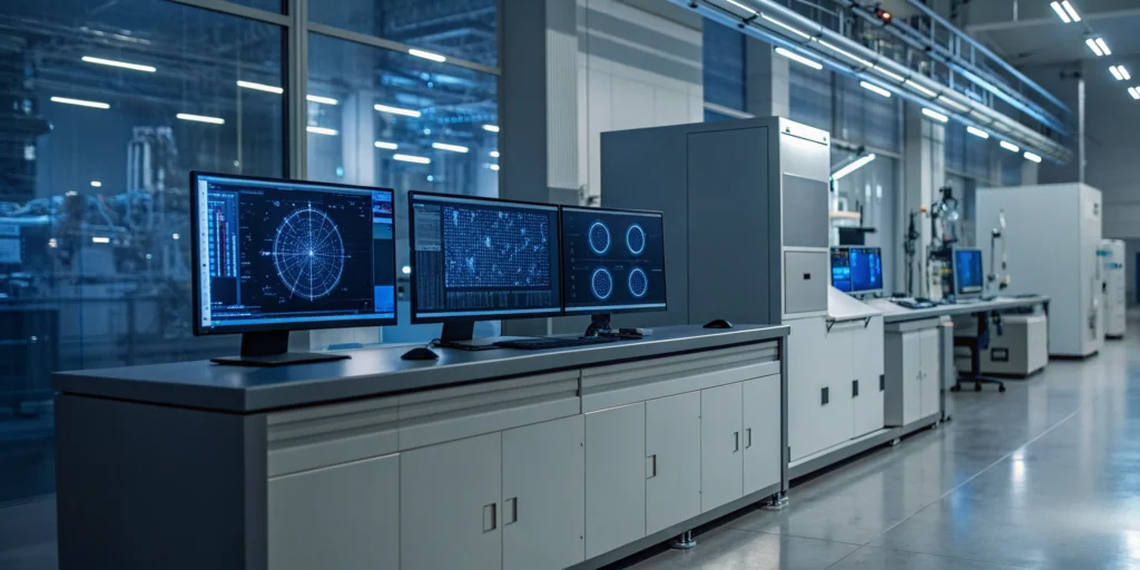 A modern lab with monitors displaying ERP software for biologics manufacturing.