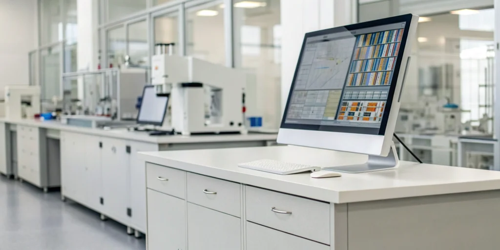 A computer displaying DSCSA T3 reporting data for pharmaceutical compliance.