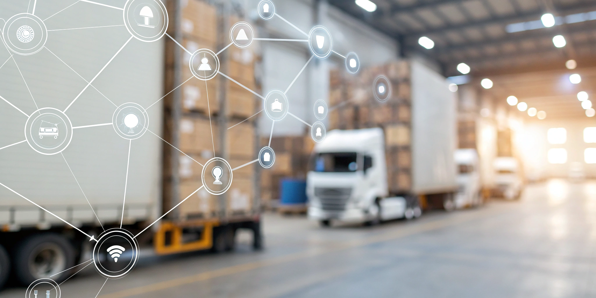 A digital network connecting a pharma warehouse and trucks for DSCSA interoperability requirements.