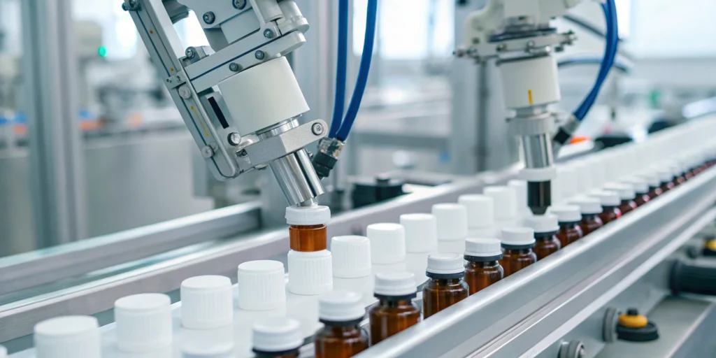 Pharmaceutical serialization in action with robotic arms on a production line using data exchange standards.