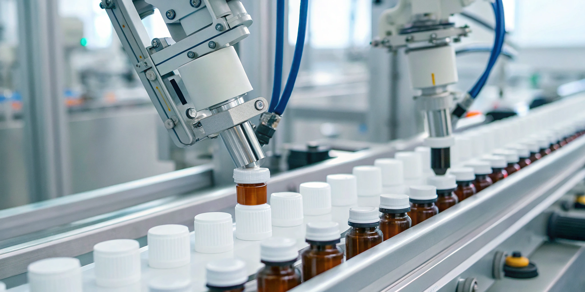 Pharmaceutical serialization in action with robotic arms on a production line using data exchange standards.