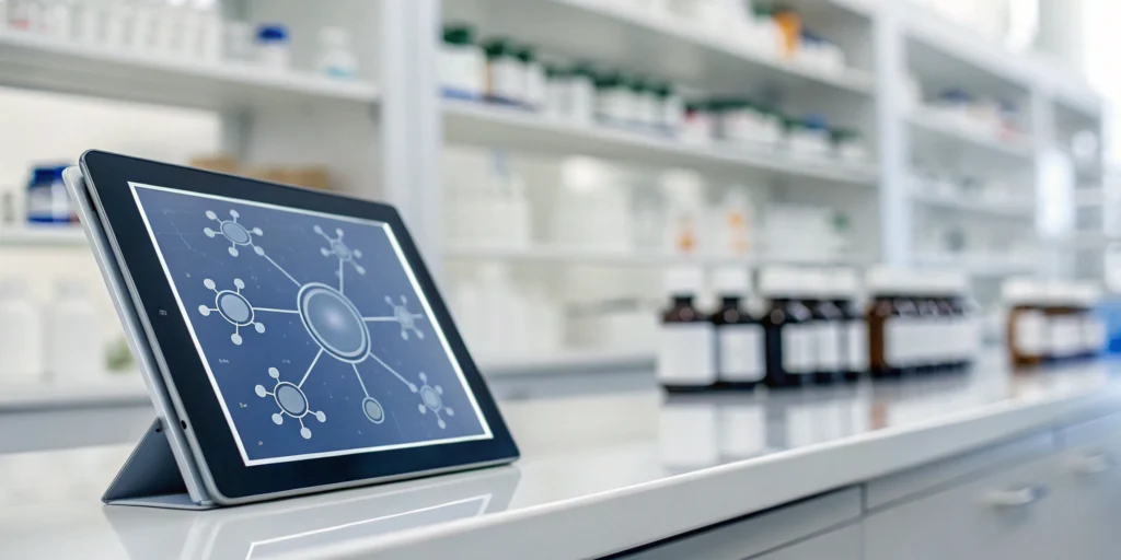 A tablet showing a serialized ERP tracking data with a molecular diagram in a pharmaceutical lab setting.