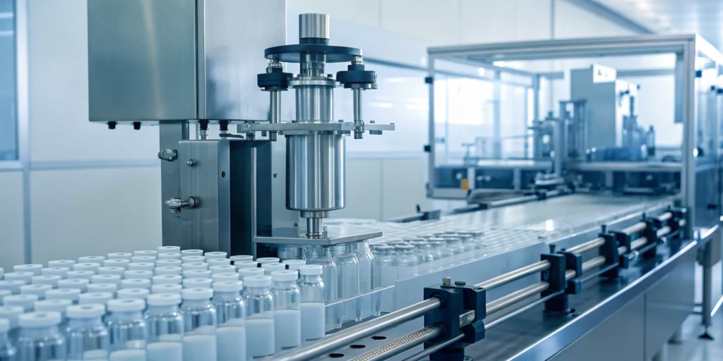 Pharma aggregation on a serialization line, grouping vials for supply chain traceability and compliance.