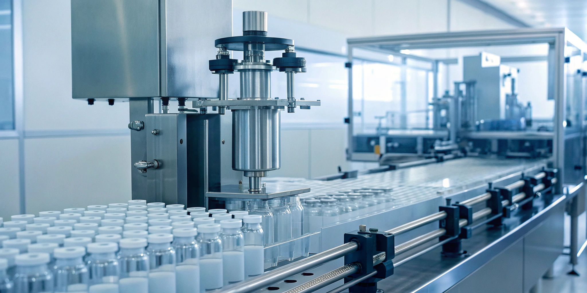 Pharma aggregation on a serialization line, grouping vials for supply chain traceability and compliance.