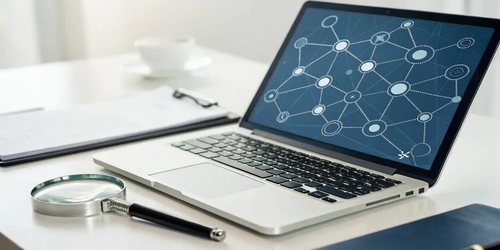 Reviewing a system diagram on a laptop with a magnifying glass to ensure Annex 11 compliance.