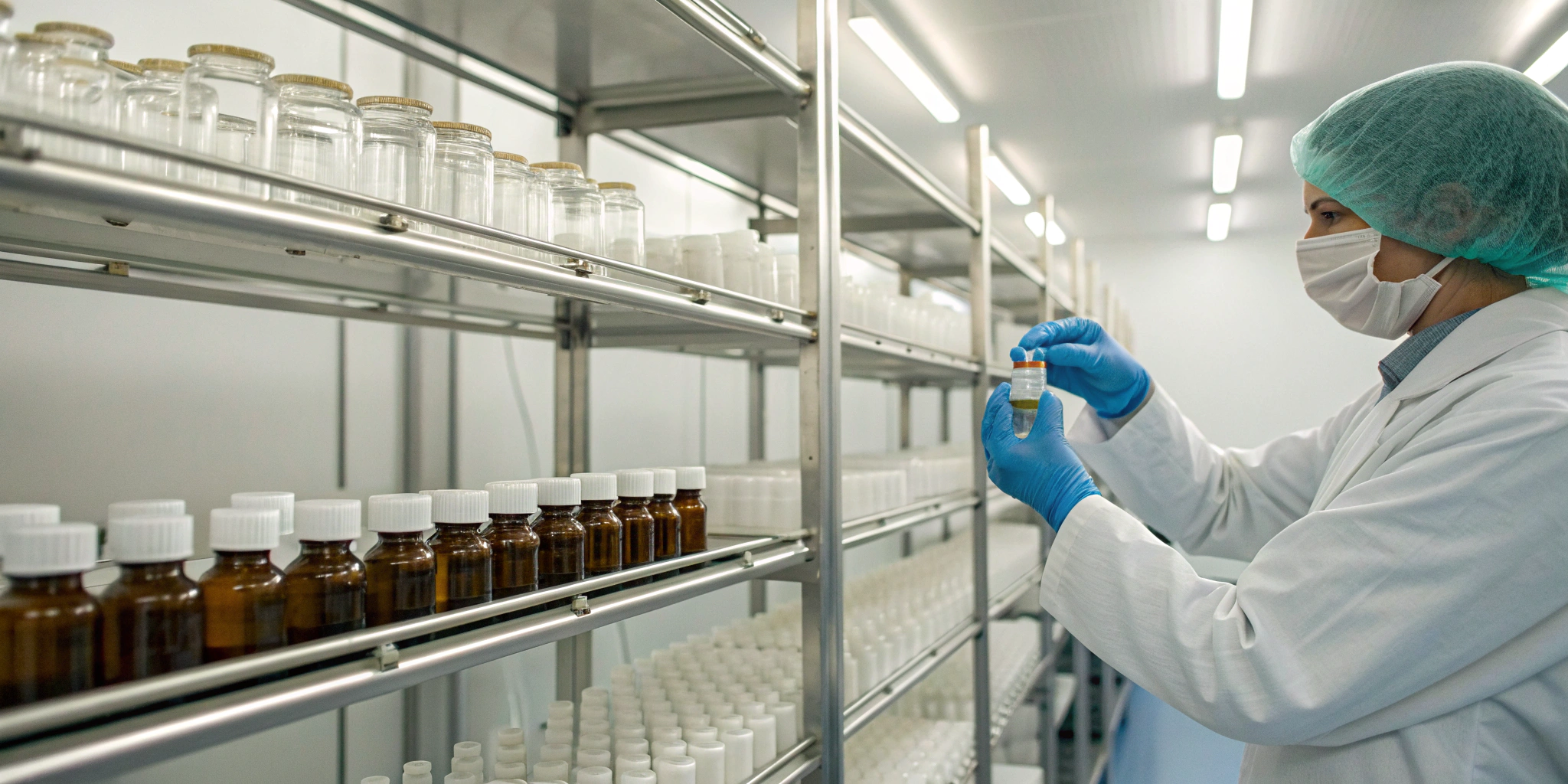 Technician performing pharmaceutical bundle aggregation by scanning bottles in a lab.