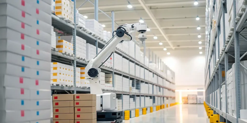 Robotic arm in a warehouse organizing boxes for FEFO inventory management.