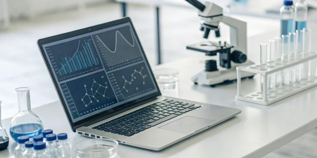 Laptop in a pharma lab displaying analytics from a master data management system.