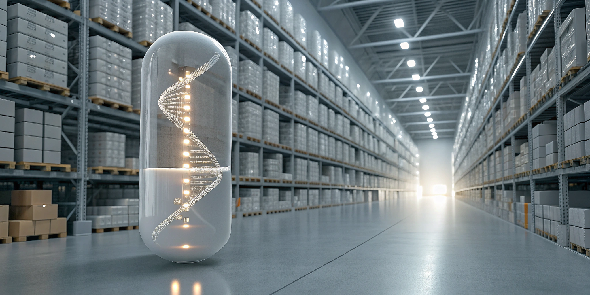 Pharma chain of custody software represented by a digital capsule tracking boxes in a warehouse.