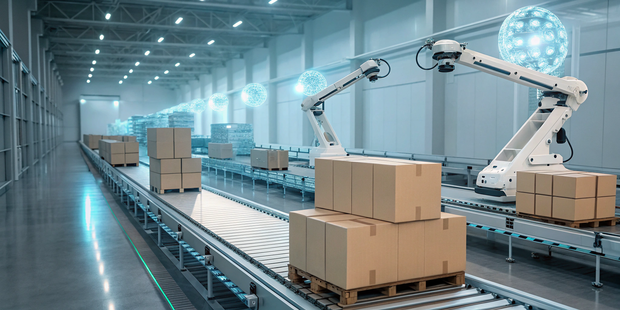 Pharma supply chain visibility software tracking packages moved by robots on a warehouse conveyor.