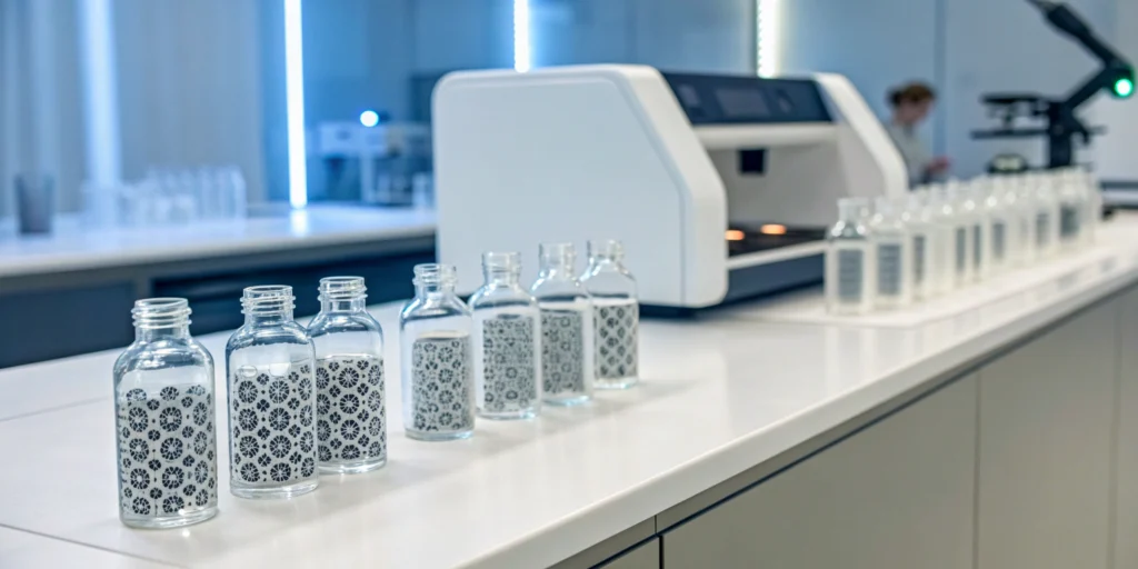 Pharmaceutical serialization and aggregation software tracking bottles on a production line.